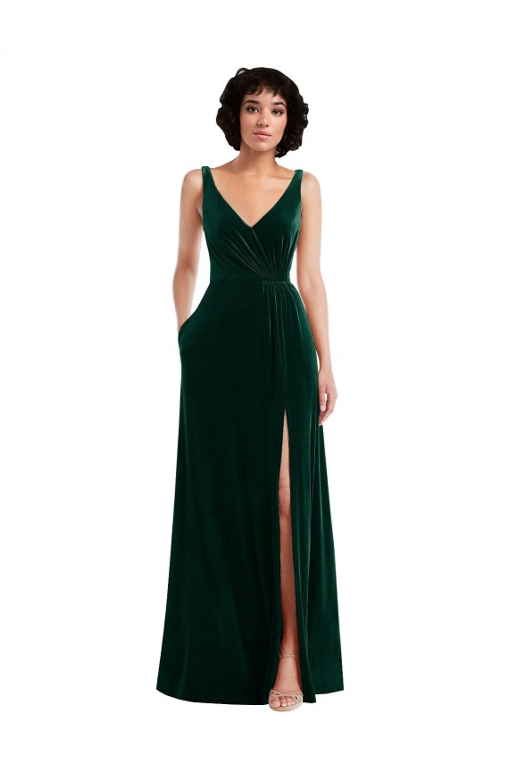 Outlet Stretch Velvet Dark Green Sleeveless A-Line V-Back Maxi Evening Dress UK