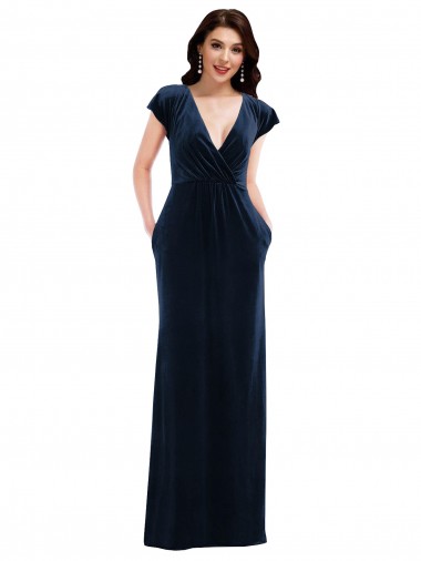 Outlet Stretch Velvet Dark Navy Flutter Sleeves A-Line Maxi Evening Dress UK