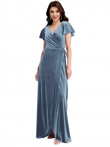 Outlet Stretch Velvet Dusty Blue Flutter Sleeves A-Line Maxi Evening Dress UK