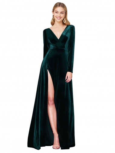Outlet Stretch Velvet Dark Green Long Sleeves A-Line Evening Dress UK