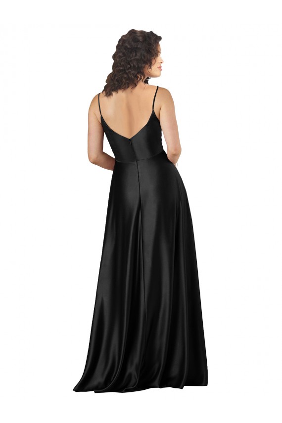 Outlet Silky Satin Black Sleeveless A-Line Low Back Wedding Party Dress UK