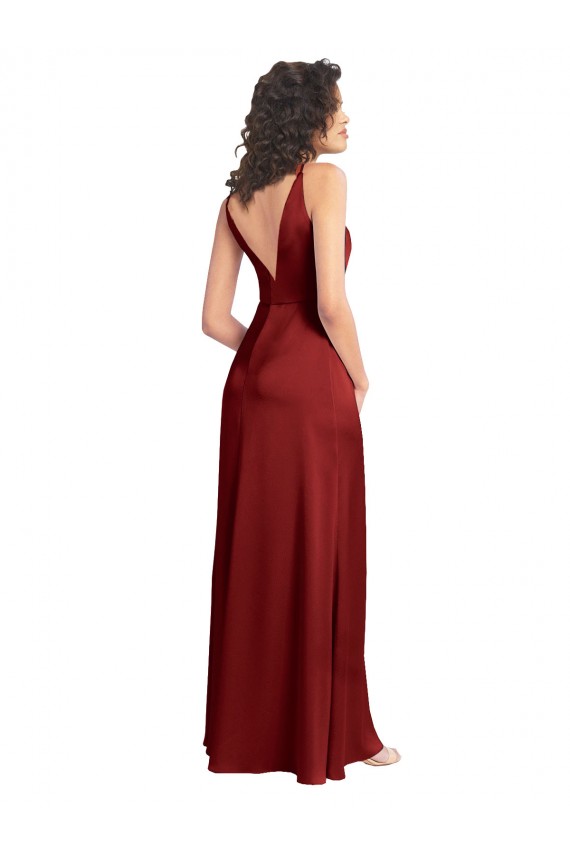 Outlet Stretch Satin Burgundy Sleeveless A-Line V-Back Wedding Party Dress UK