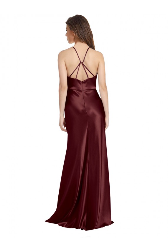 Outlet Stretch Satin Burgundy Gold Sleeveless A-Line Evening Dress UK