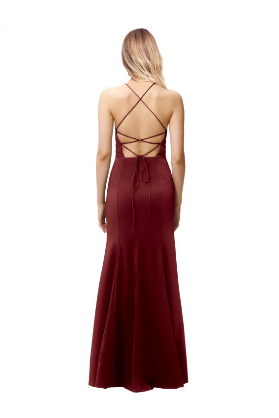 Outlet Stretch Crepe Burgundy Gold Sleeveless Mermaid Open Back Wedding Party Dress UK
