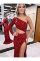 Outlet Velvet Sequin Burgundy Long Sleeves Mermaid High Slit Evening Dress UK