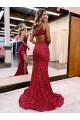 Outlet Velvet Sequin Burgundy Sleeveless Mermaid Evening Dress UK