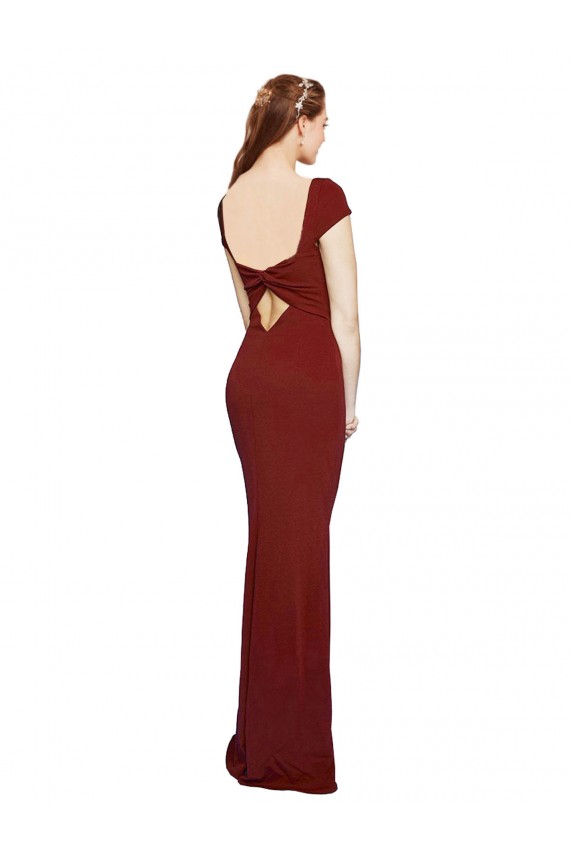 Outlet Stretch Crepe Burgundy Cap Sleeves Mermaid Keyhole Back Evening Dress UK