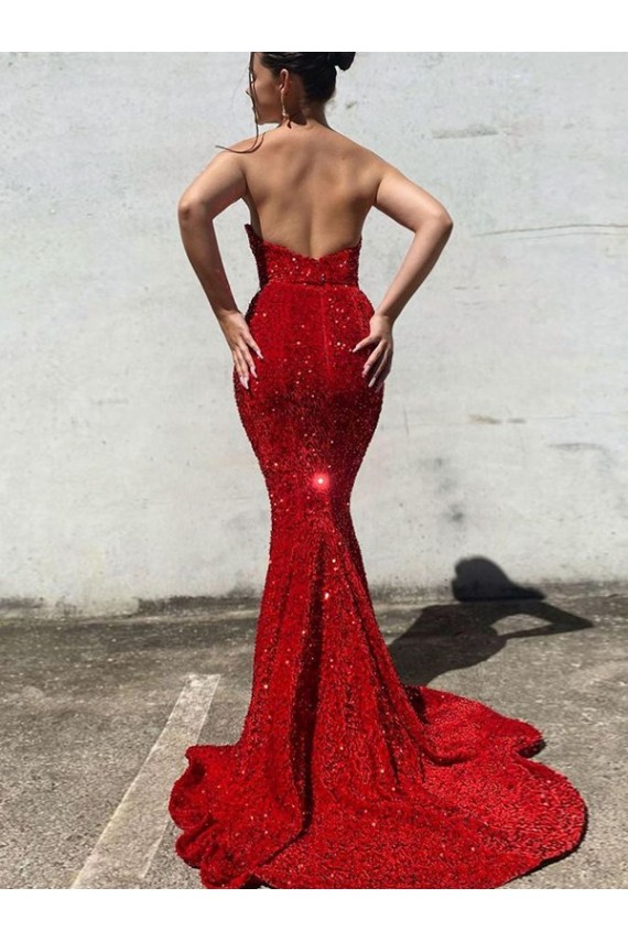 Outlet Velvet Sequin Burgundy Sleeveless Mermaid Sweetheart Evening Dress UK
