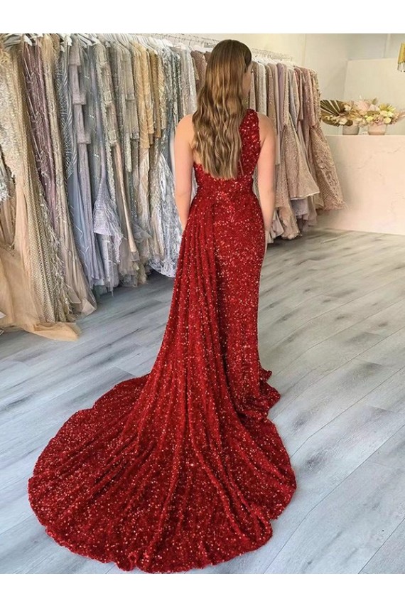 Outlet Velvet Sequin Burgundy Sleeveless One Shoulder Evening Dress UK