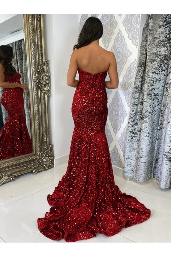 Outlet Velvet Sequin Burgundy Sleeveless Sheath Sweetheart Evening Dress UK