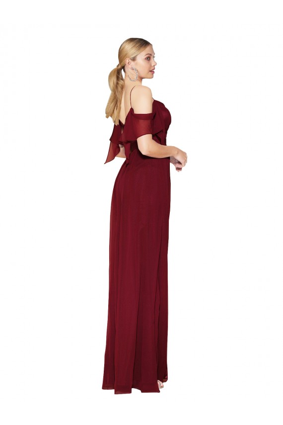 Outlet Soft Chiffon Burgundy Cold Shoulder Trumpet V-Back Evening Dress UK