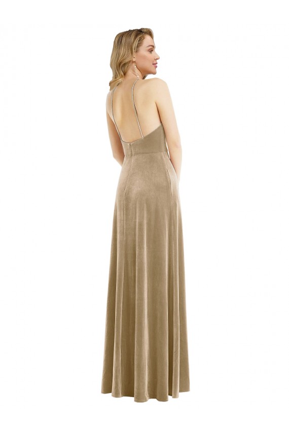 Outlet Stretch Velvet Champagne Sleeveless A-Line Open Back Maxi Evening Dress UK