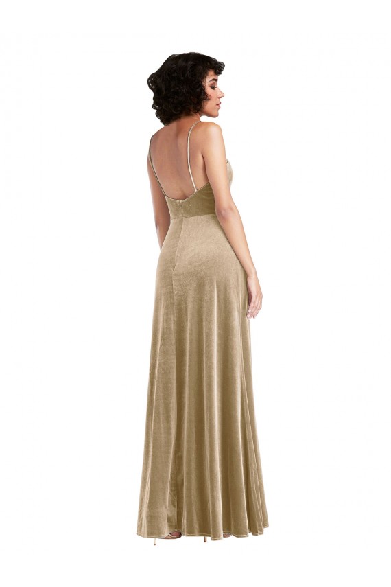 Outlet Stretch Velvet Champagne Sleeveless A-Line Low Back Maxi Evening Dress UK