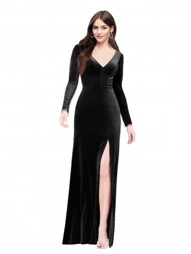 Outlet Stretch Velvet Black Long Sleeves Column V-Back Evening Dress UK