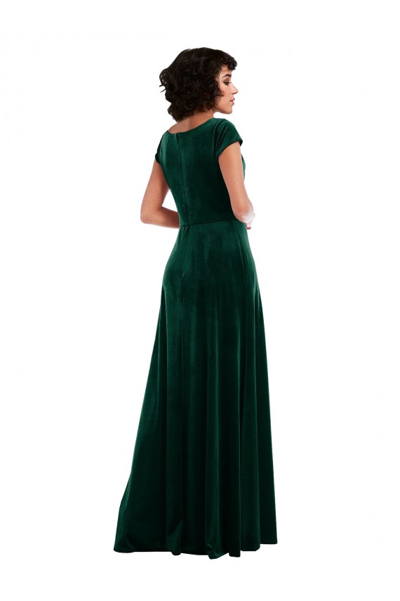Outlet Stretch Velvet Dark Green Cap Sleeves A-Line Maxi Evening Dress UK