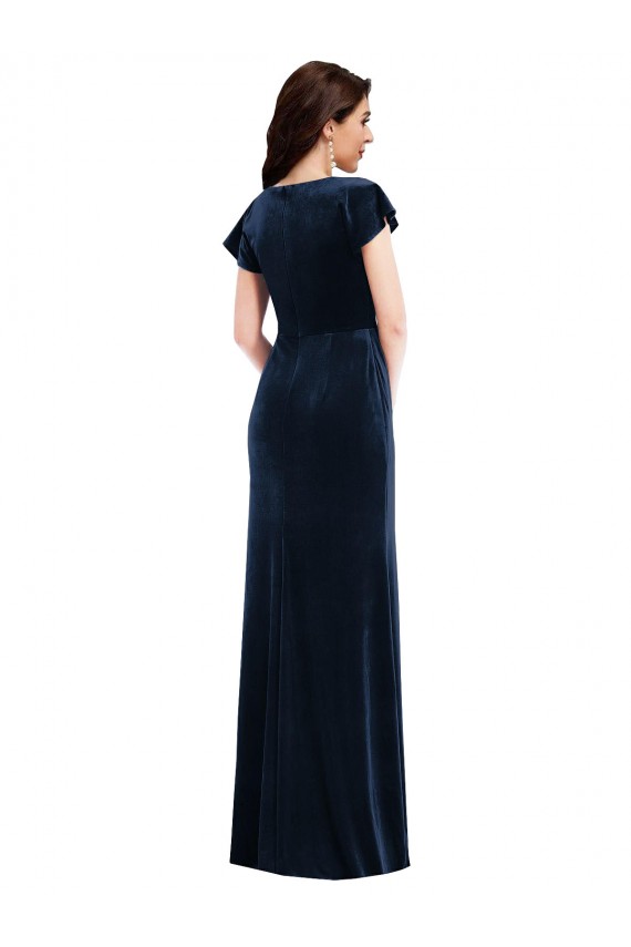 Outlet Stretch Velvet Dark Navy Flutter Sleeves A-Line Maxi Evening Dress UK