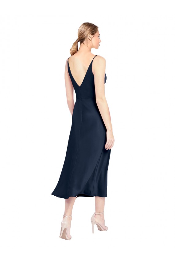 Outlet Stretch Satin Dark Navy Sleeveless A-Line V-Back Evening Dress UK