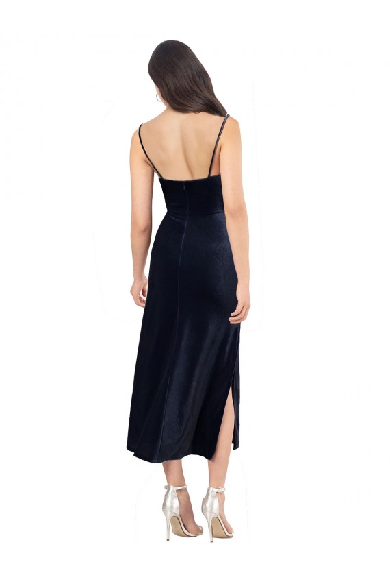 Outlet Stretch Velvet Dark Navy Sleeveless Column Low Back Evening Dress UK