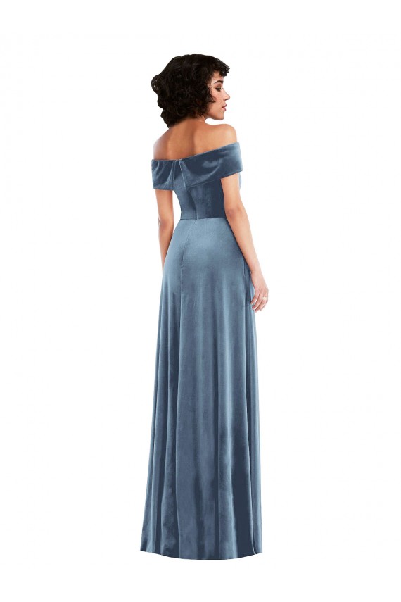 Outlet Stretch Velvet Dusty Blue Sleeveless A-Line Maxi Evening Dress UK