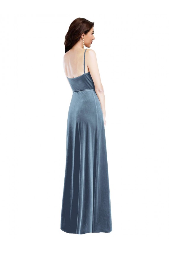Outlet Stretch Velvet Dusty Blue Sleeveless A-Line Low Back Maxi Evening Dress UK