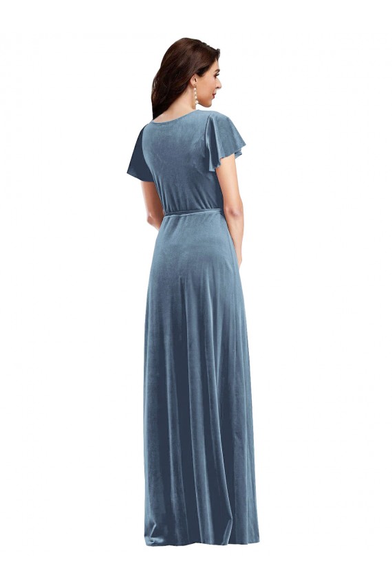 Outlet Stretch Velvet Dusty Blue Flutter Sleeves A-Line Maxi Evening Dress UK