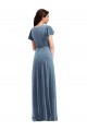 Outlet Stretch Velvet Dusty Blue Flutter Sleeves A-Line Maxi Evening Dress UK