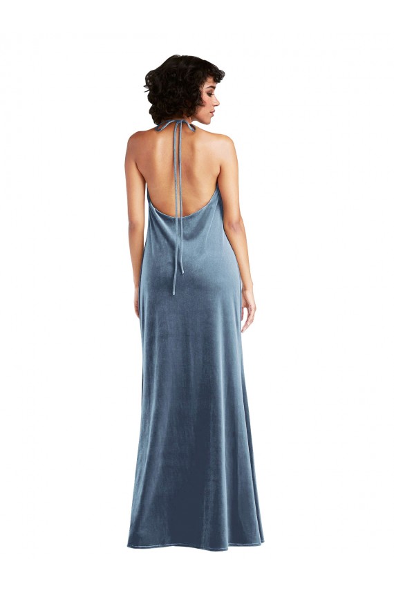 Outlet Stretch Velvet Dusty Blue Sleeveless Sheath V-Back Maxi Wedding Party Dress UK