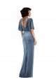 Outlet Stretch Velvet Dusty Blue Flutter Sleeves Sheath Open Back Maxi Evening Dress UK