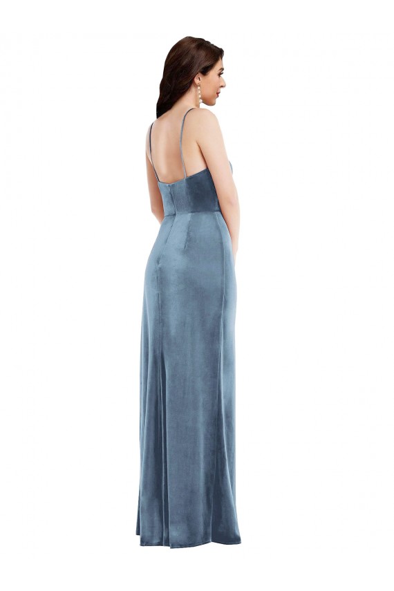 Outlet Stretch Velvet Dusty Blue Sleeveless Trumpet Low Back Maxi Evening Dress UK