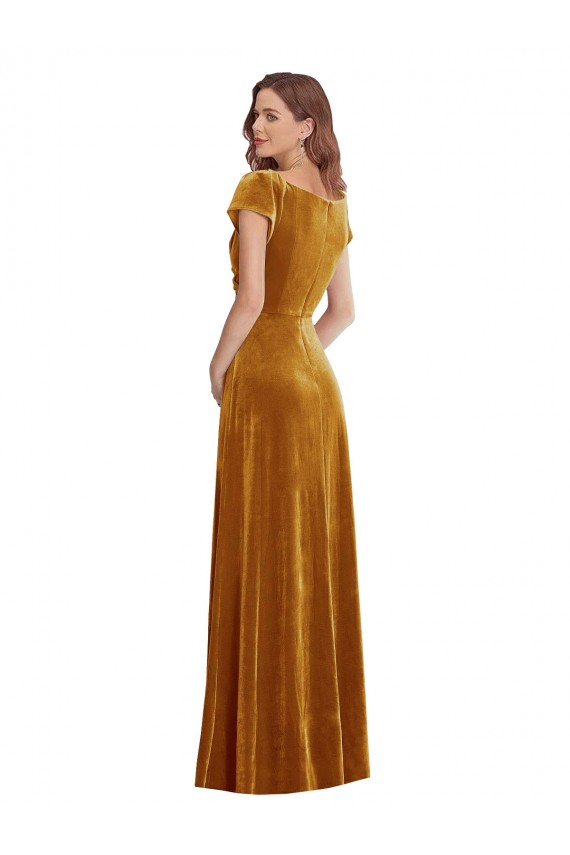 Outlet Stretch Velvet Gold Cap Sleeves Sheath Maxi Evening Dress UK