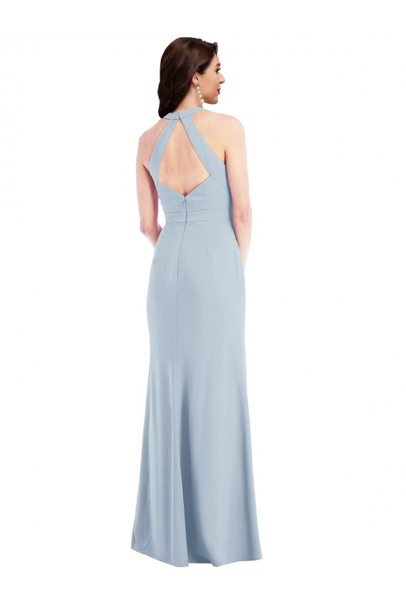 Outlet Stretch Crepe Light Sky Blue Sleeveless A-Line Open Back Maxi Evening Dress UK