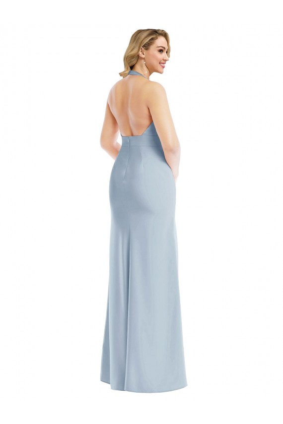 Outlet Stretch Crepe Light Sky Blue Sleeveless Trumpet Open Back Semi Formal Evening Gown UK