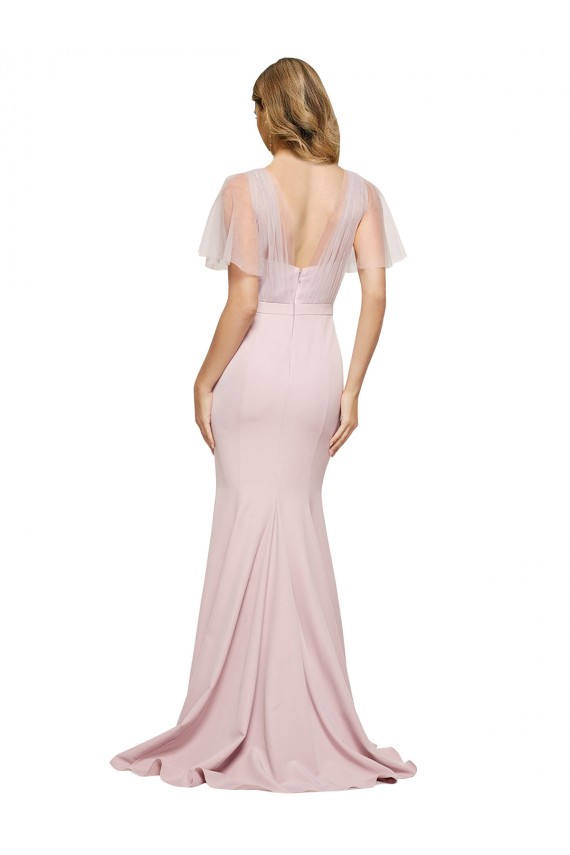 Outlet Stretch Crepe & Tulle Mauve Short Sleeves Sheath V-Back Evening Dress UK