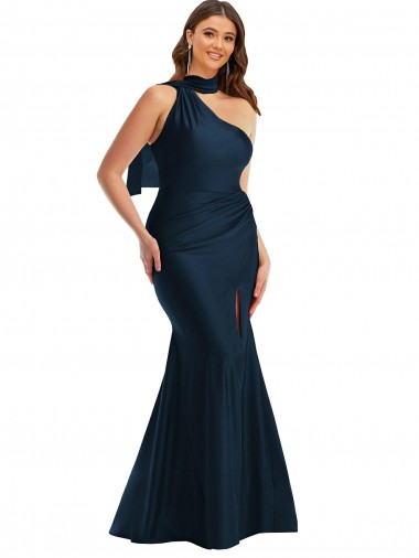 Outlet Silky Satin Dark Navy Sleeveless Mermaid Plus Size Evening Dress UK
