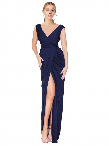 Outlet Soft Chiffon Dark Navy Sleeveless Mermaid V-Back Sexy Evening Dress UK