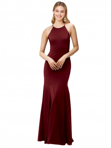 Outlet Stretch Crepe Burgundy Gold Sleeveless Mermaid Open Back Wedding Party Dress UK