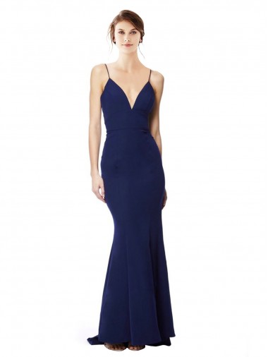 Outlet Stretch Crepe Navy Blue Sleeveless Mermaid Open Back Maxi Evening Dress UK