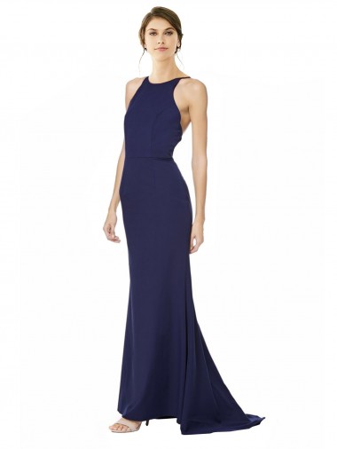 Outlet Stretch Crepe Navy Blue Sleeveless Mermaid Open Back Evening Dress UK