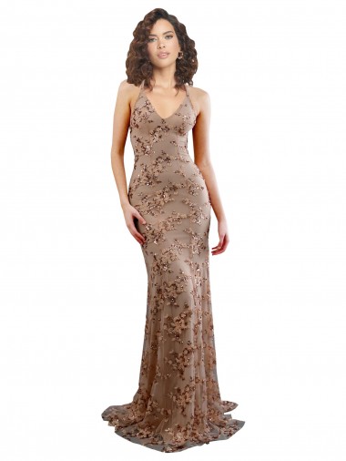 Outlet Stretch Crepe & Sequin Tulle Rose Gold Sleeveless Mermaid Open Back Evening Dress UK