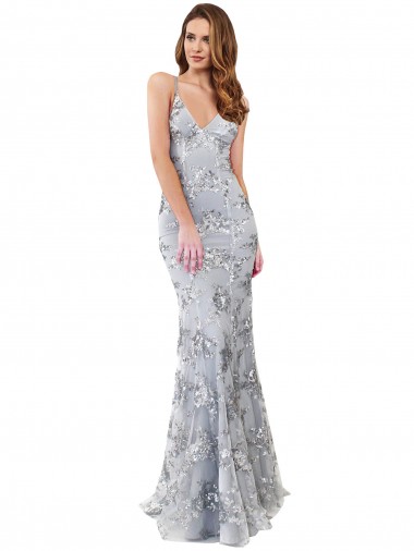 Outlet Stretch Crepe & Sequin Tulle Silver Sleeveless Mermaid Open Back Evening Dress UK
