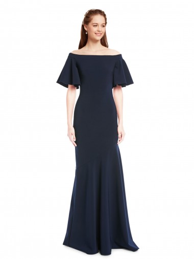 Outlet Stretch Crepe Dark Navy Short Sleeves Mermaid Evening Dress UK