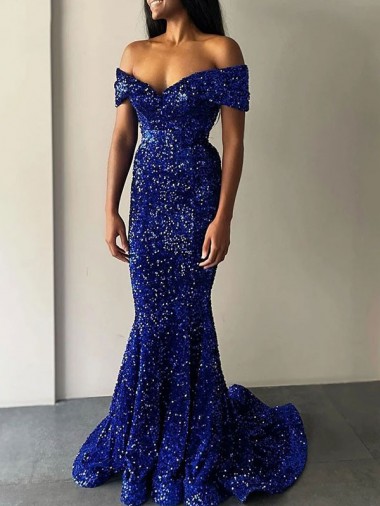 Outlet Velvet Sequin Royal Blue Sleeveless Mermaid Off the Shoulder Evening Dress UK