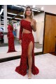 Outlet Velvet Sequin Burgundy Long Sleeves Mermaid High Slit Evening Dress UK