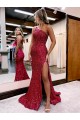Outlet Velvet Sequin Burgundy Sleeveless Mermaid Evening Dress UK