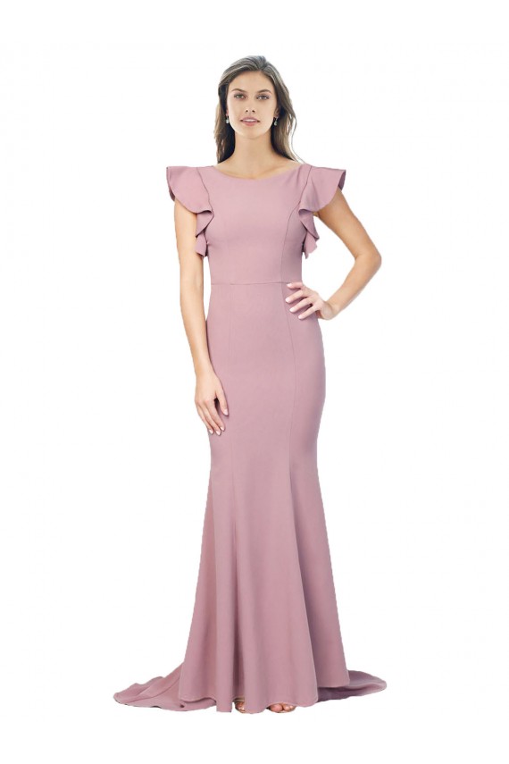 Outlet Stretch Crepe Dusty Pink Flutter Sleeves Mermaid V-Back Evening Dress UK