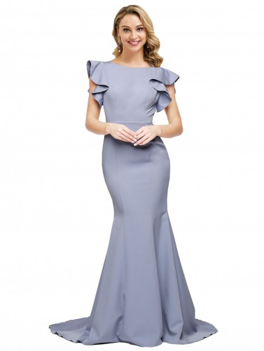 Outlet Stretch Crepe Smoke Blue Sleeveless Mermaid V-Back Evening Dress UK
