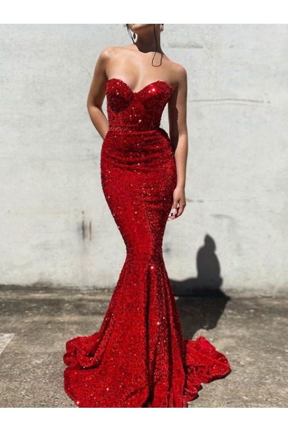 Outlet Velvet Sequin Burgundy Sleeveless Mermaid Sweetheart Evening Dress UK