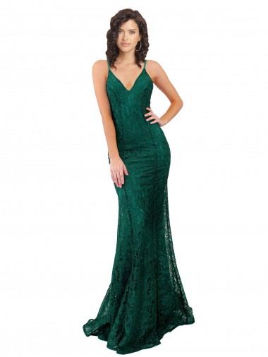Outlet Lace Dark Green Sleeveless Mermaid Open Back Semi Formal Evening Dress UK