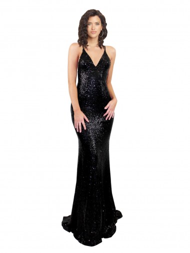 Outlet Sequin Black Sleeveless Mermaid Open Back Sexy Evening Dress UK