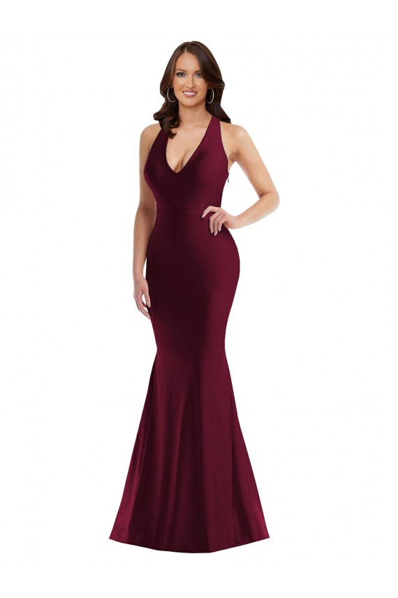 Outlet Silky Satin Burgundy Sleeveless Mermaid Open Back Sexy Plus Size Evening Dress UK